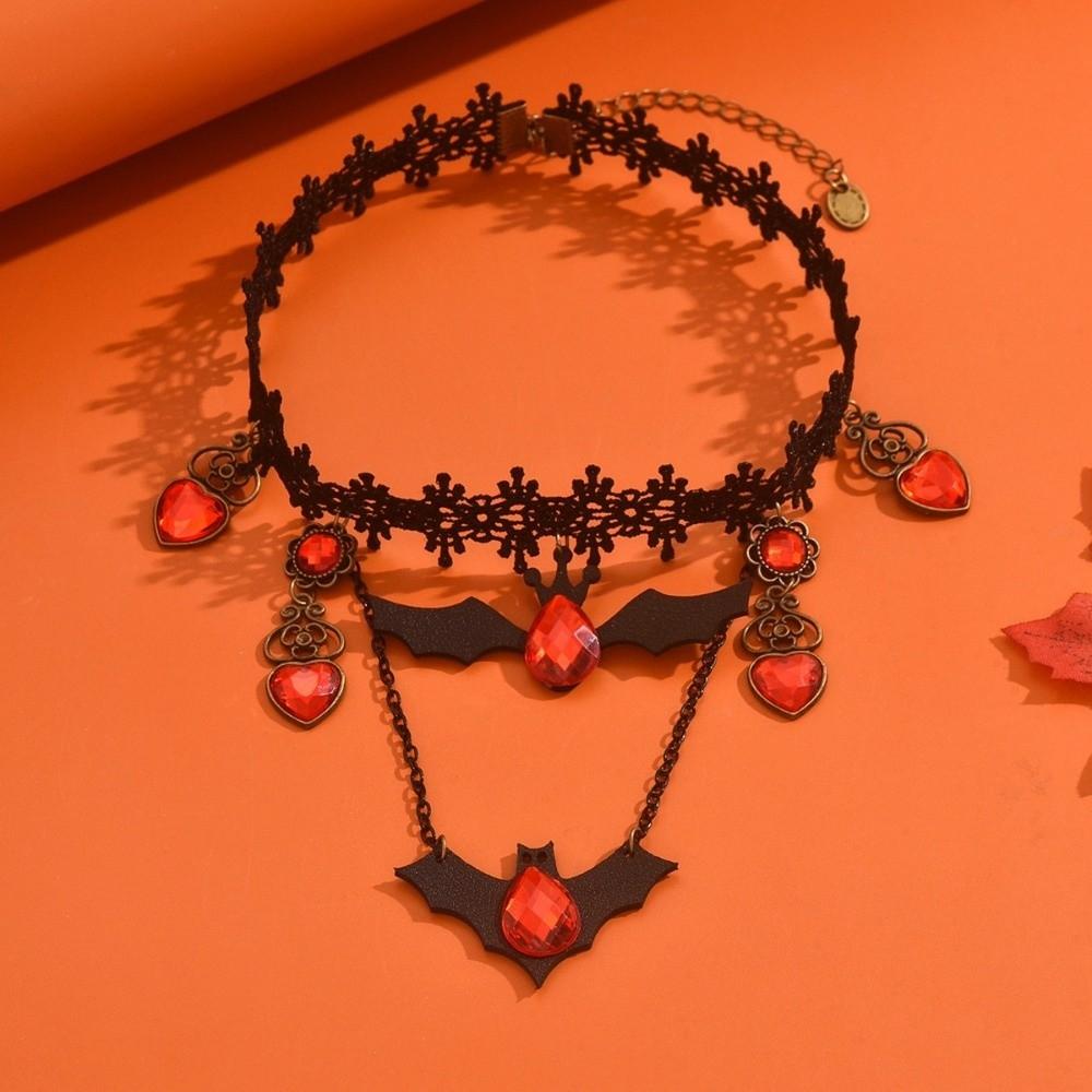 Dark Style Gothic Choker Red Rhinestone Heart Bat Earrings Halloween Necklace Holiday Gift