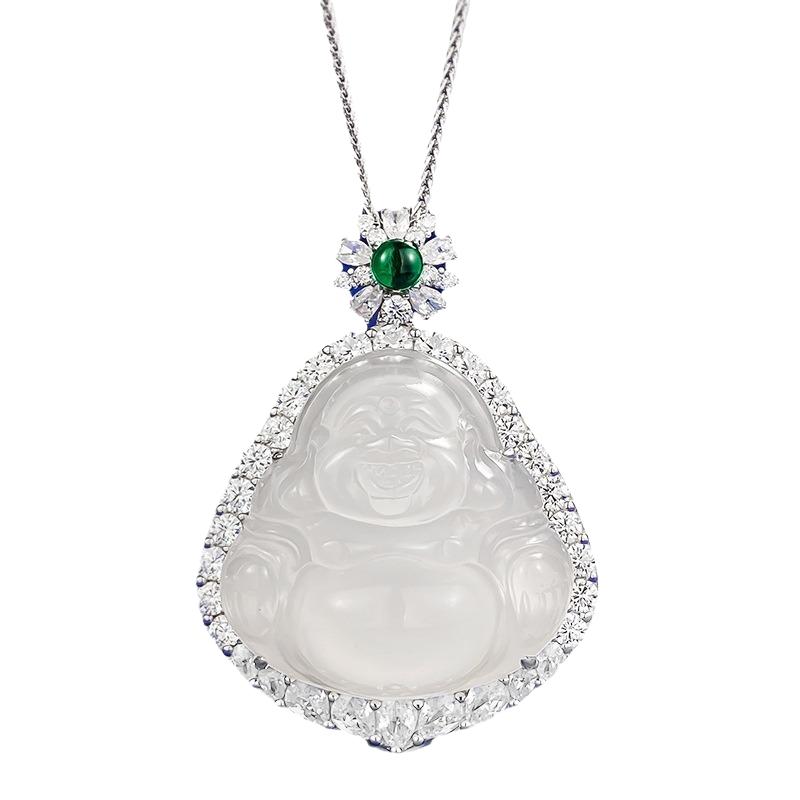 New S925 Silver Inlaid Natural Water Foam Jade Buddha Pendant High Ice White Marrow Necklace Jewelry for Women