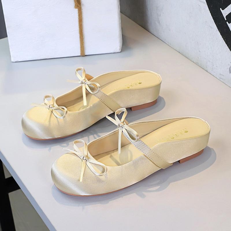 French Satin Bow With One Strap With Shallow Mouth Half-Tugging Women's Hollow Inner Heightened Round-Head Sandals Comfortable