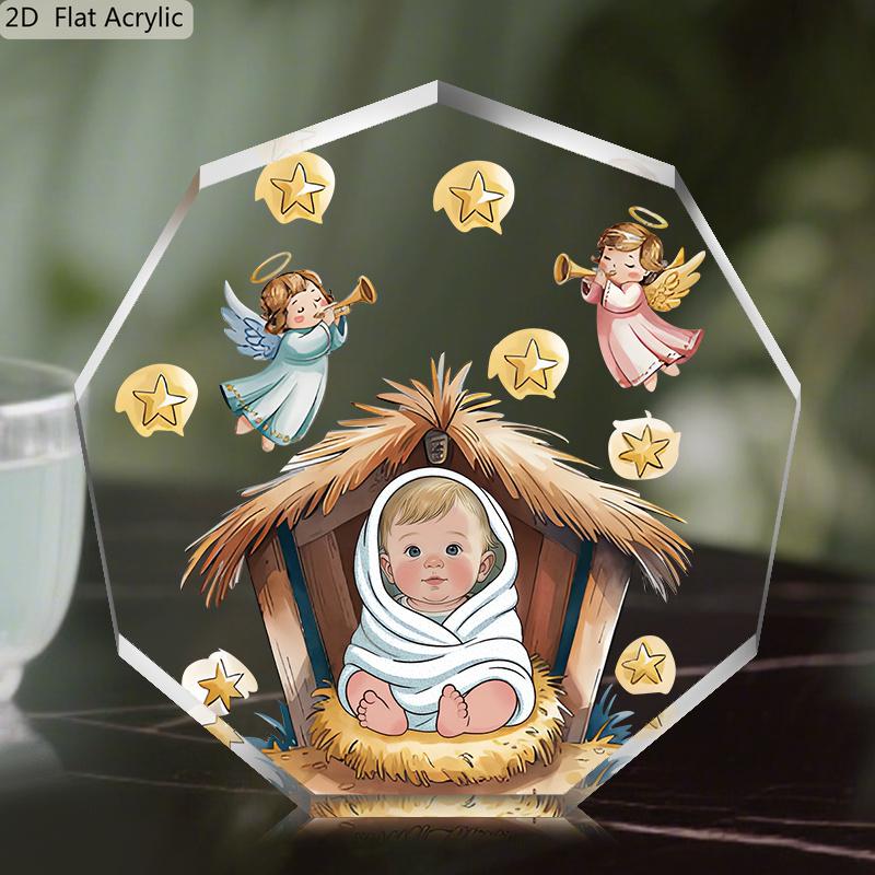 1 шт. Христианская Рождественская композиция Настольное украшение с Иисусом, Марией, Иосифом, Ангелом и Звездой - 2D Плоская Акриловая Декорация Вертепа в Мягких Пастельных Тонах 10*10cm