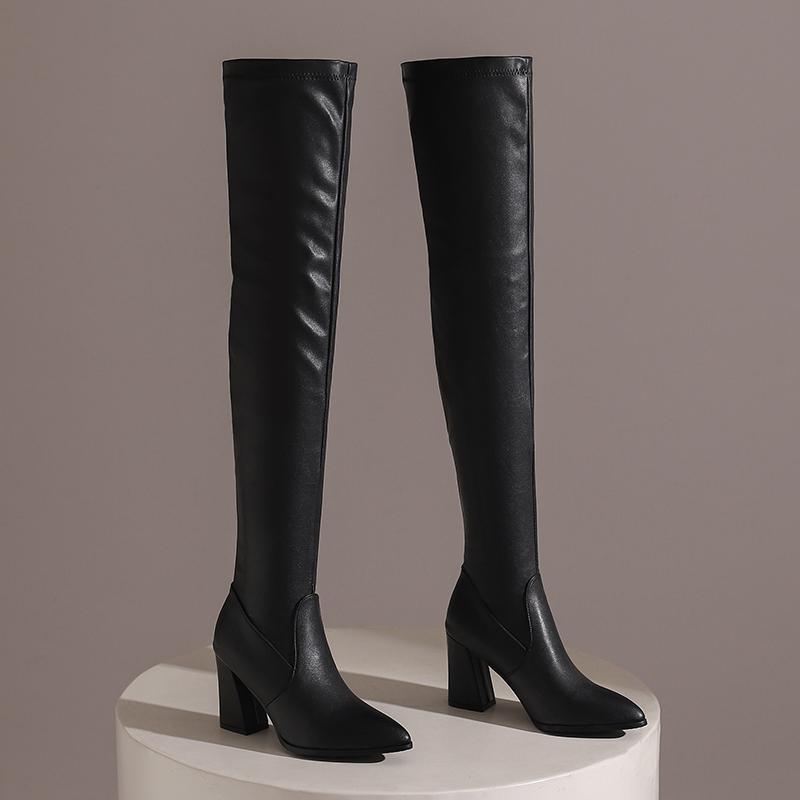 Women's High-heeled Boots Sexy European and American Style Pointed Thick Heel Solid Color Large Size Knee Elastic Boots