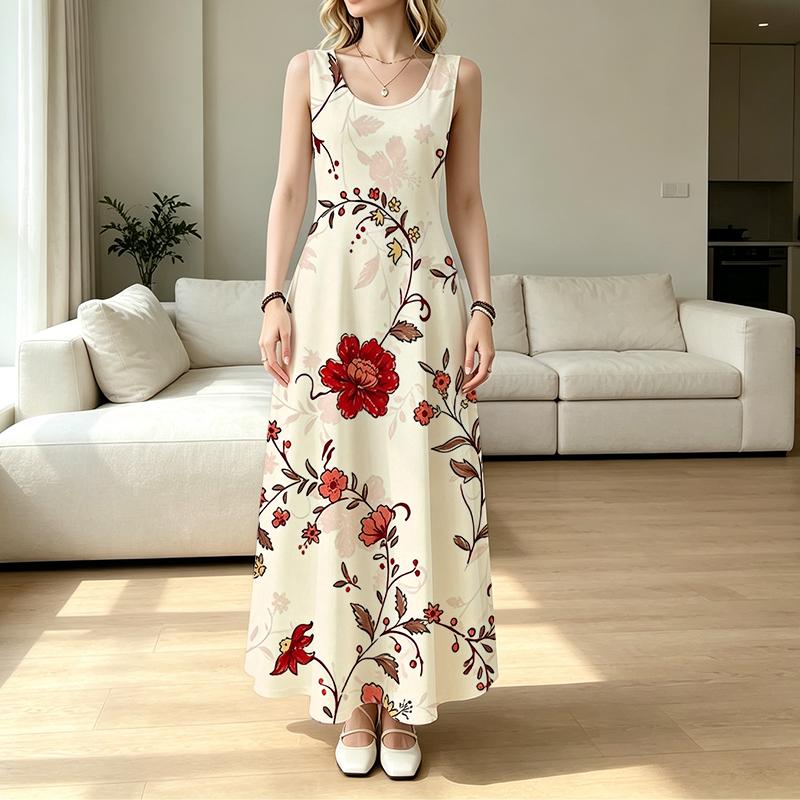 Women's Sleeveless Vintage Floral Maxi Dress,Lightweight Flowy Summer Long Dress,Elegant Versatile Outfit for Picnics,Casual Gatherings & Daily Wear