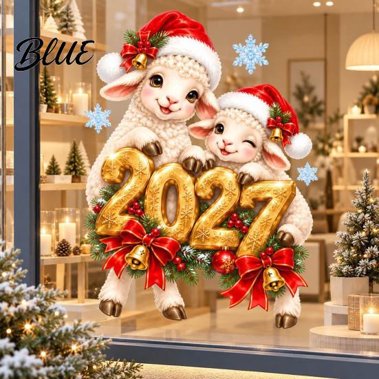 Glass Surface Decorations Sheep Santa Hat 2027 Sticker Christmas New Year Static Window Decal Removable Seasonal Home Decor of The Sticker