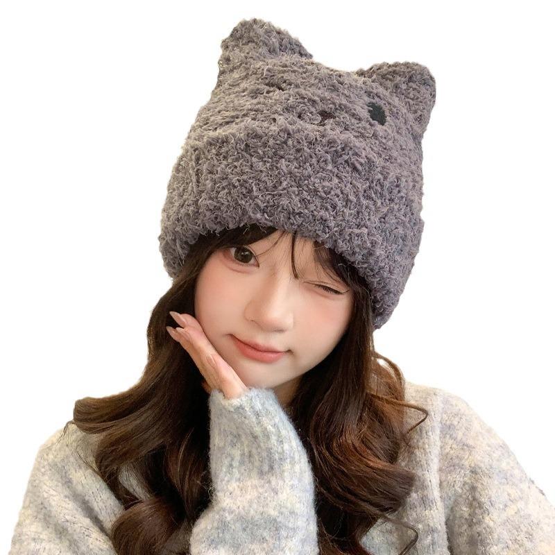 Korean New Autumn and Winter Hat for Women Cute Bear Plush Knitted Wool Hat for Winter Warm Ear Protection Hat Thick