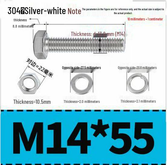 304 Stainless Steel Hex Head Bolt and Nut Set M6-M14, Lengths 8-100mm