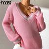 Pulls à manches longues et col en V pour femmes, mode décontractée, automne-hiver, imprimé en blocs de couleurs