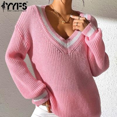 Suéteres de cuello en V y manga larga con estampado de bloques de colores para otoño e invierno de moda para mujer