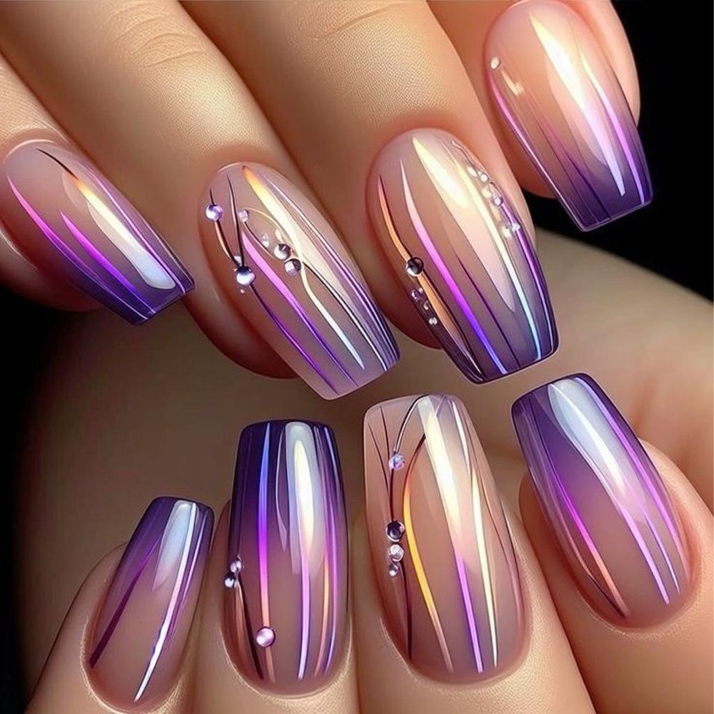 24 Piezas Diseño de Perlas Longitud Media Ballet Cobertura Completa Cuadrado Uñas Postizas Puntas de Uñas Falsas Set de Manicura