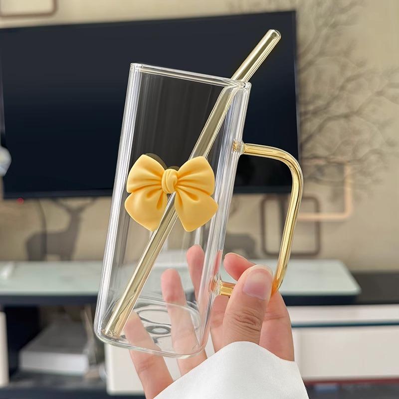 Lovely Delicate Bownot Glass Cup with Straws and Lids, Lemon Tea Cup, Milk Cup For Home, Office, Dining Room