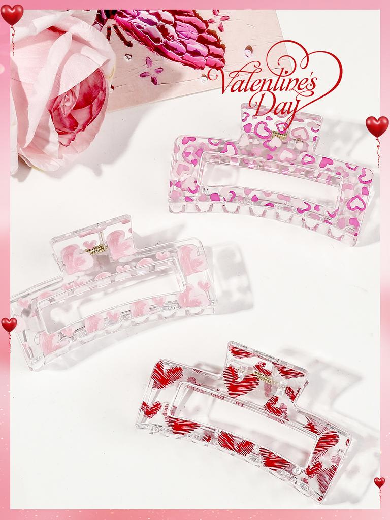 8Pcs Pink Heart Print Hair Claw Clips for Women,Strong Hold Colorful Hair Clamps Hairpin Valentine's Day Hair Accessories Gift