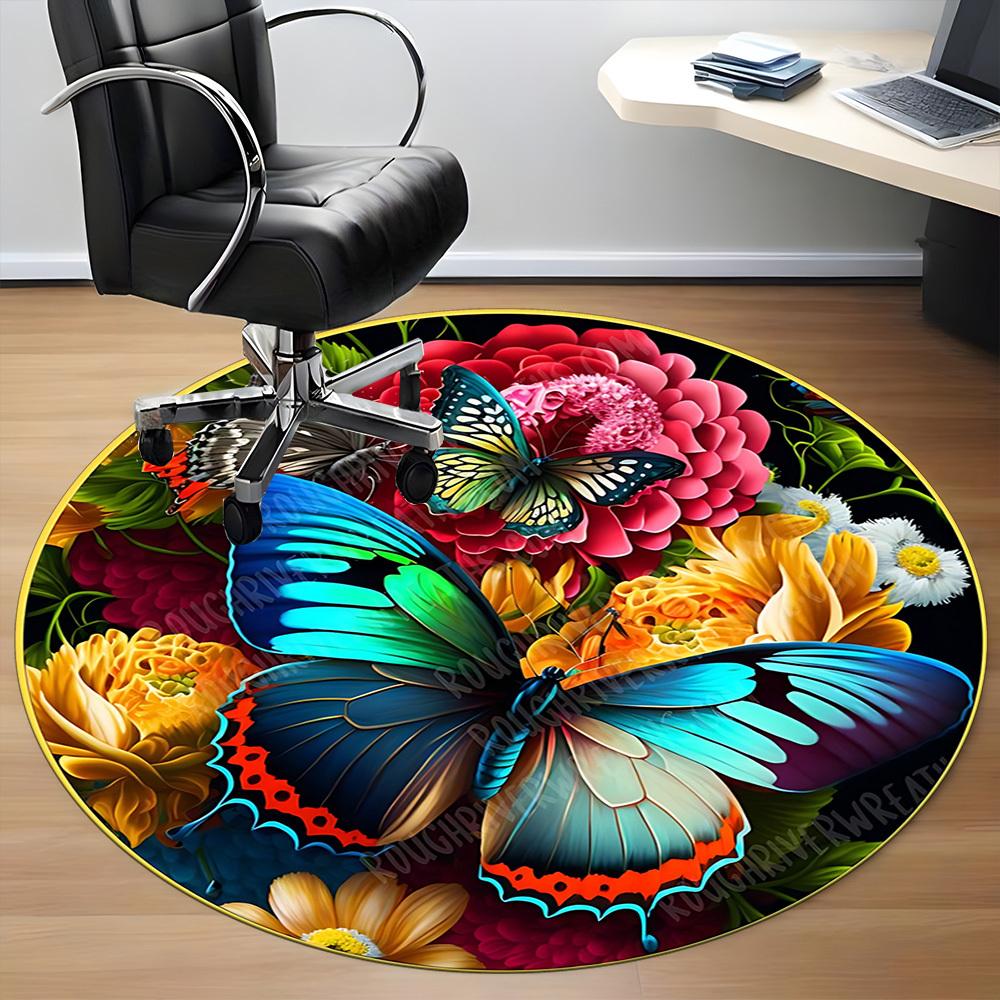 1pc Butterfly Garden Decor Chair Carpet for Office, Round Polyester Mat, Indoor Decor for Office, Easycare Fabric, Washable Non-slip Area Carpet