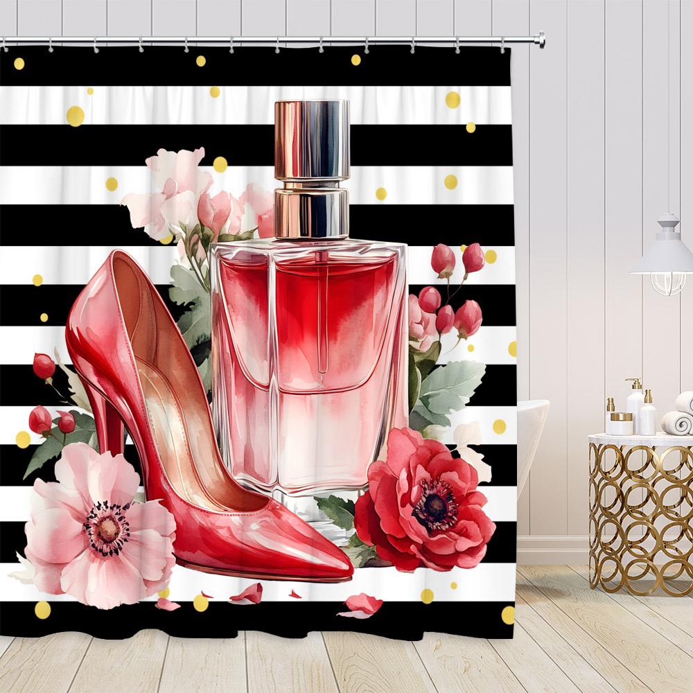 Pink Perfume Shower Curtains Cosmetics High Heels Flowers Black White Stripes Bathroom Decor Girl Fashion Vintage Bath Curtain