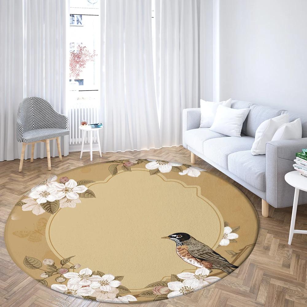 Flower and Bird Illustration Round Rug Pink Peach Blossom Carpet for Living Room Bedroom Floral Chair Rugs Non-slip Floor Mat