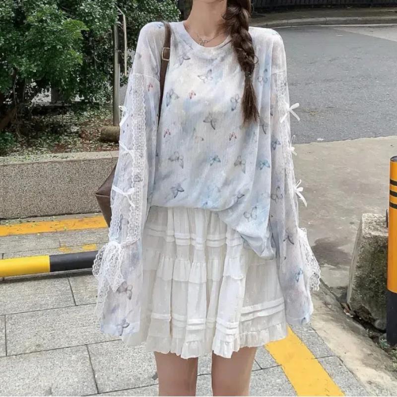 Butterfly Printing Long Sleeve T-shirt Summer New Pattern Thin Style Chic Loose Crew Neck Sunscreen Tops Women's Clothin