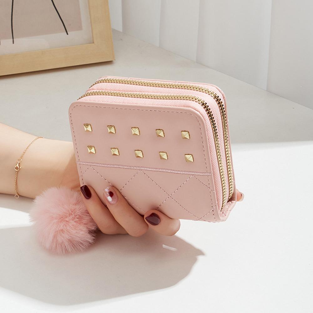 Rivets Woman Clutch Wallet Soft Plush Ball Square Card Bag Simple Women Long Purse Female