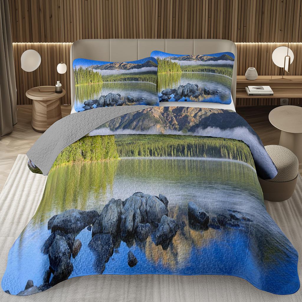 Mountain Bedspread Queen/Twin, Natural Landscape Coverlet Set for Boys Girls Adults Room Decor, Soft Polyester Quilted Bedding
