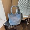 Mini Borsa Tote in Denim Lavato con Design a Lettere Ricamate Manico Superiore Borsa a Mano Piccola Casual per Donne Quotidiana