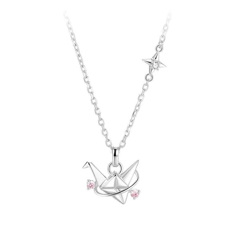 925 Silver Thousand Paper Crane Necklace Women's Cute Pink Zirconia Lock Chain Fashionable Creative Star Necklaces Girl Gift
