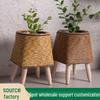 Indoor Faux Rattan Triangular Flower Stand - Creative Succulent Holder, Desktop Straw Woven Pot.