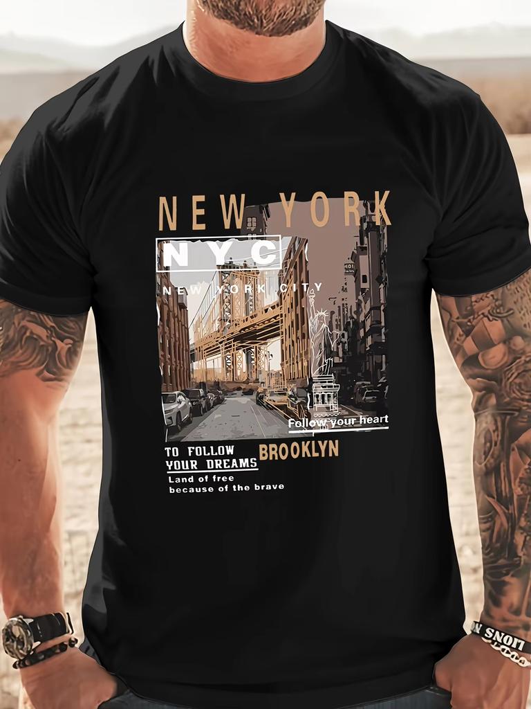 Men's Pure Cotton Summer Loose Casual New York Printed Round Neck Short Sleeved Street Soft Breathable T-shirt Large Size