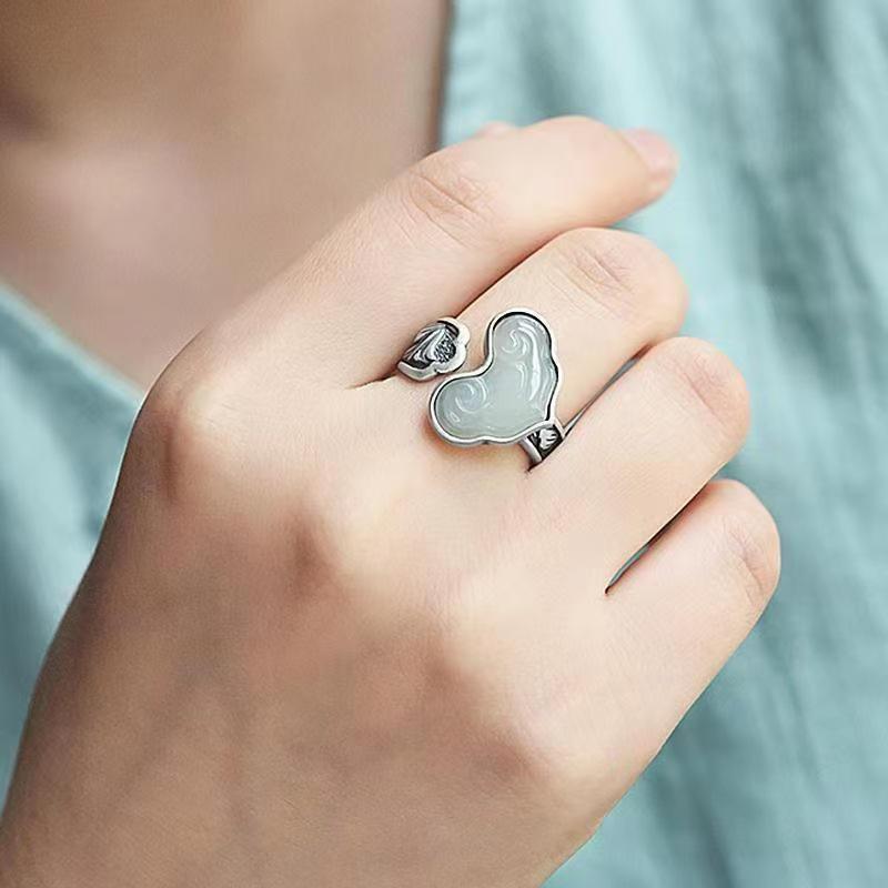 Ruyi Thai Silver Jade Women's Adjustable Ethnic Ring