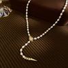 Luxury  Shiny CZ Zircon Snake Animal Style Natural Freshwater Pearl 14K Gold Filled Lady Sweater Chain Necklace Gifts