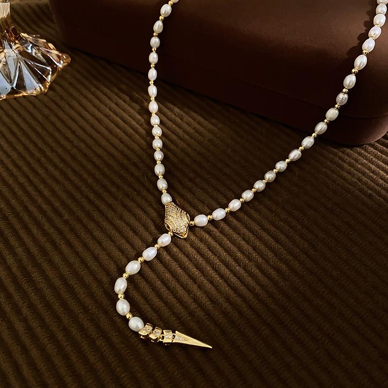 Luxury Shiny CZ Zircon Snake Animal Style Natural Freshwater Pearl 14K Gold Filled Lady Sweater Chain Necklace Gifts