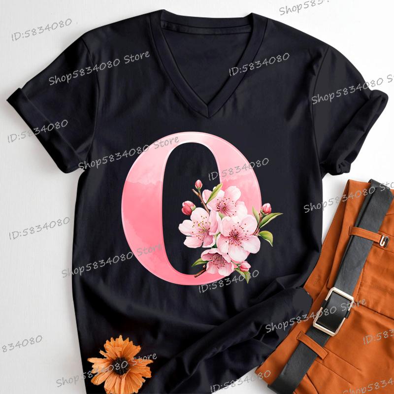 Pink Sakura Alphabet Shirts Gift for Women Letter S Floral Monogram Cartoon Tshirt Cherry Blossom Letters A B C D Casual Tops