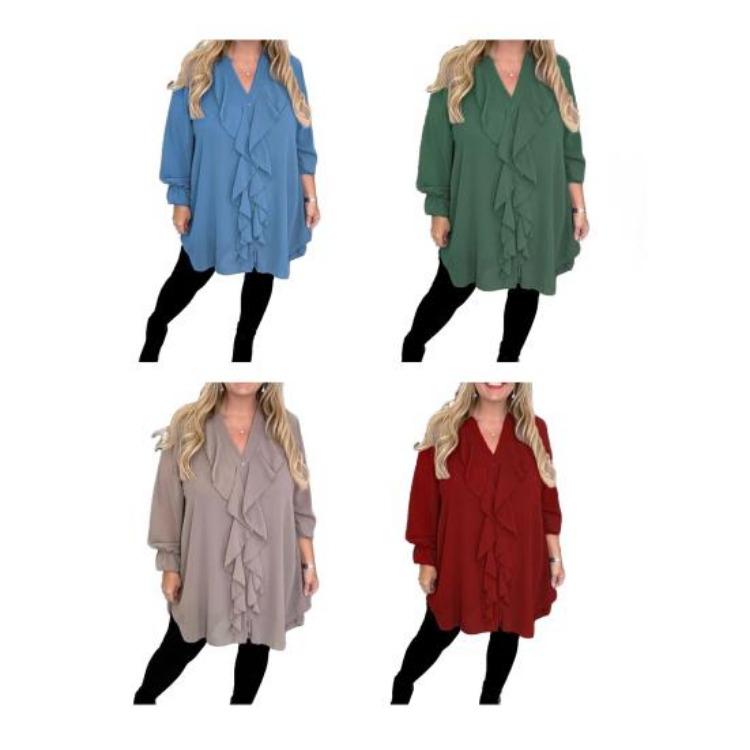 Casual Women Blouse V Neck Loose Fit Long Sleeve Ruffle Trim Solid Color Chiffon Daily Wear Tops