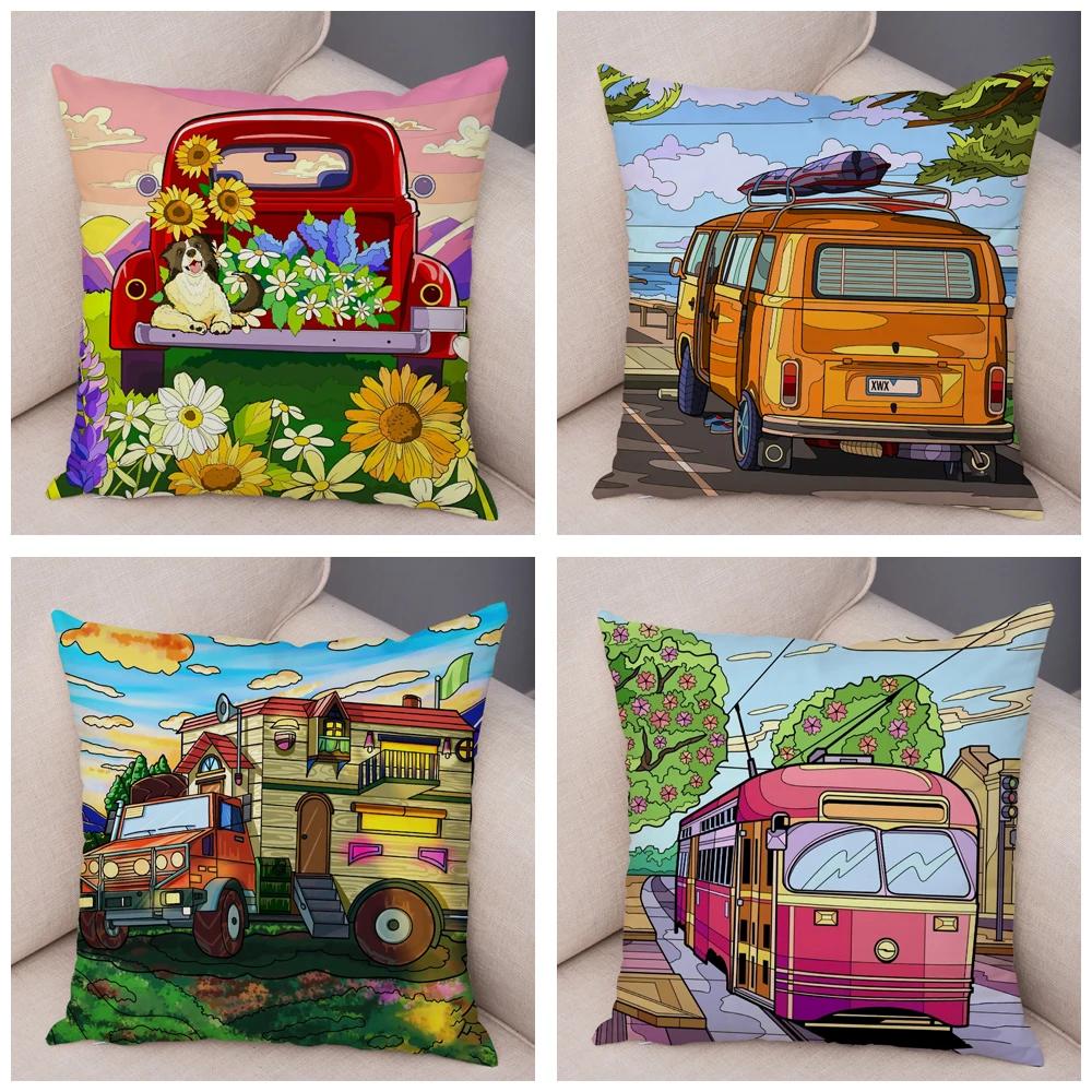 Both Sides Pillow Case Decor Happy Camper Cartoon House Travel Car Cushion Cover for Sofa Home Super Soft Plush Pillowcase