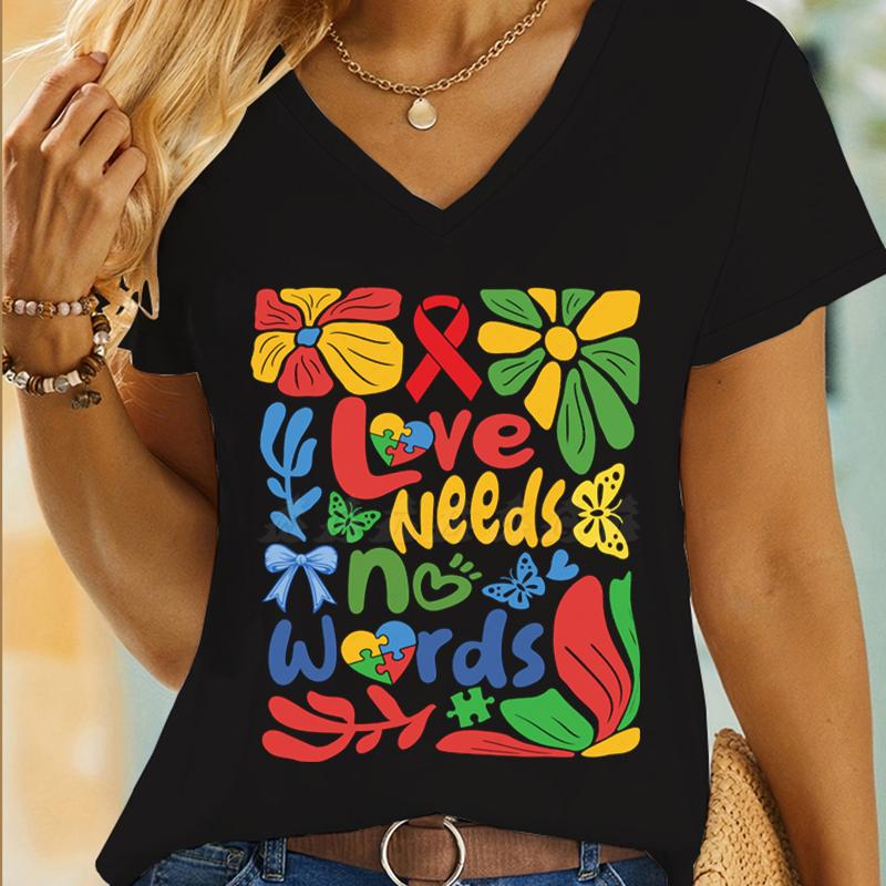 Autism Awareness T Shirt Love Needs No Words TShirt Women Autism Support Gift Neurodiversity Shirt Autism Mom Vneck Top Tees