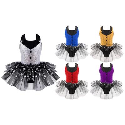 Girls Polka Dot Tutu Dress Sleeveless Suit Style Straps Hollow Back Sequins Mesh Dance Costume