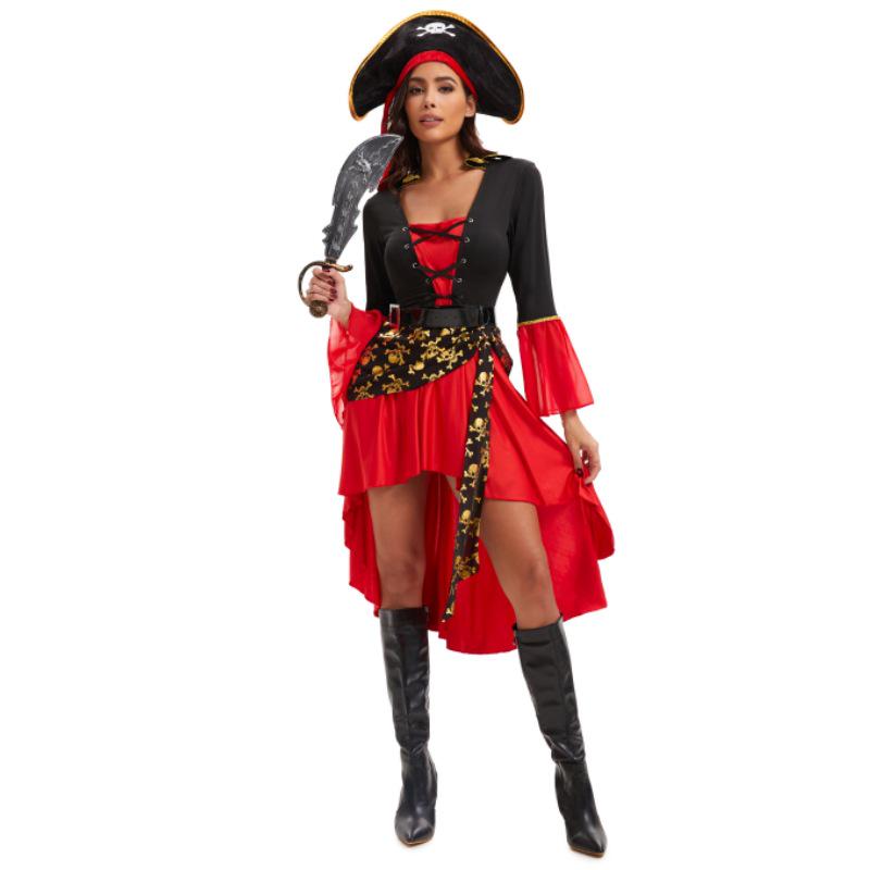 Women's Red Pirate Captain Halloween Costume - Masquerade Role-Playing Stage Outfit