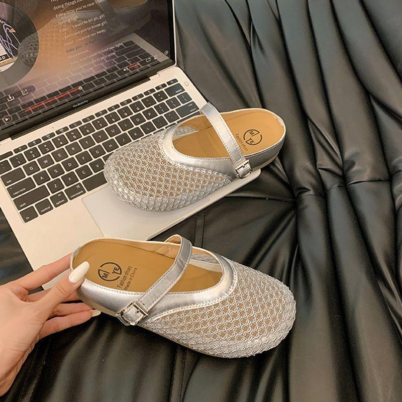 Hollow Woven Bag Head Half Slippers Women's Summer Wear 2025 New Flat-bottomed Breathable One-pedal Hole Shoes Sandals