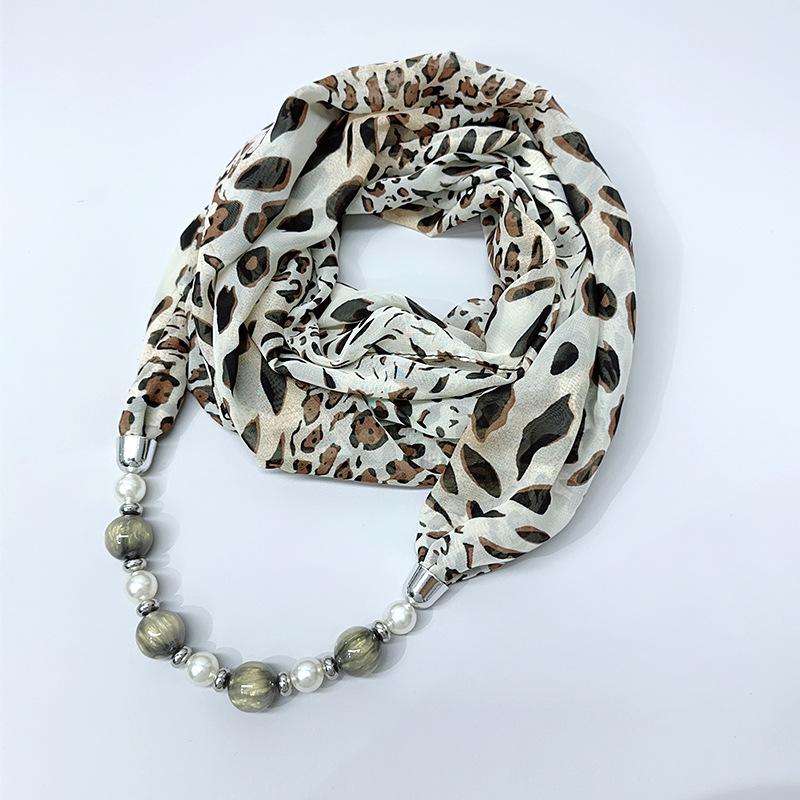 Chic Printed Scarf Necklace with Pearl and Bead Accents – Lightweight Chiffon Infinity Scarf for Women, Fashion Statement Accessory