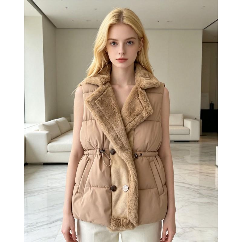 Womens Puffer Vest With Faux Fur Collar Thick Warm Mid-Length Solid Color Sleeveless Coat Winter