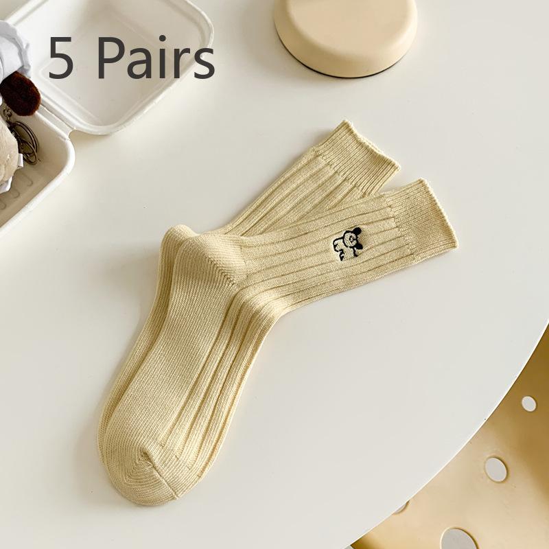 5 Pairs of Female Spring and Autumn Embroidery Puppy Vertical Stripes In Tube Pile Socks