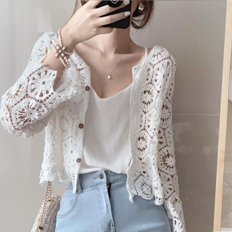 A Niche Sweet and Stylish Loose Fitting, Slimming Versatile Knitted Top with Lace Hook Flower Hollow Small Cardigan for Women