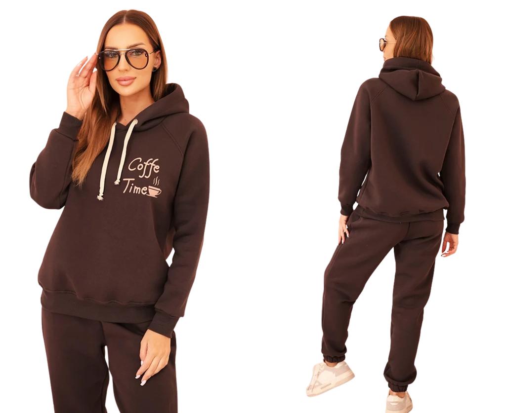 Brązowy Komplet Dresowy Bluza Z Kapturem + Spodnie