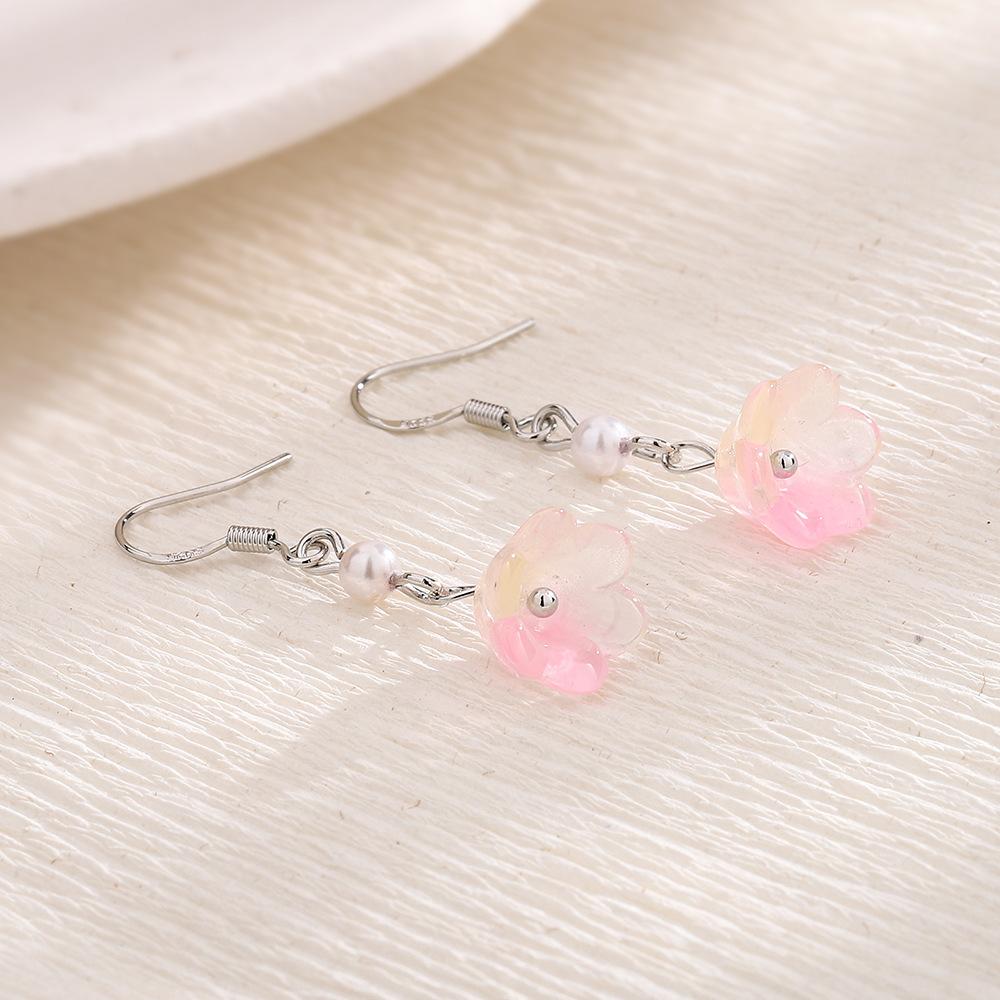 Transparent Pink Small Flower Pearl Earrings Spring  Style Girl Elegant Morning Glory Magnolia Ear Hook Long