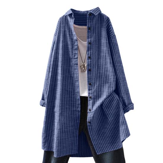 Women Shirt Lapel Long Sleeve Loose Fit Shirt Tops Striped Print Mid-length Summer Casual M синий