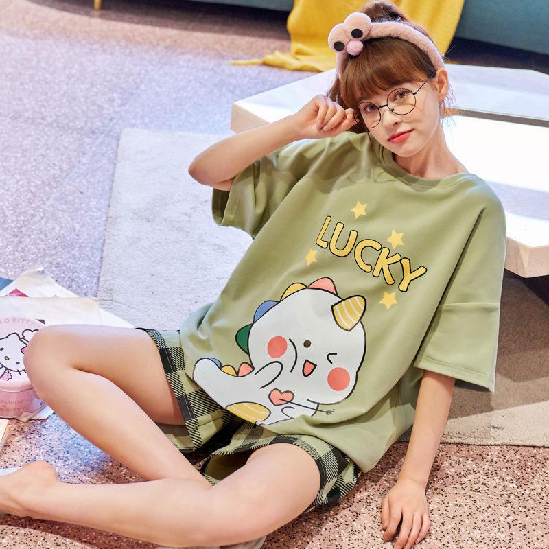 Summer Shorts Set Women's Pajamas Set Cute Cartoon Print Leisure Young Girls Sleepwear Short Sleeve Tops and Shorts Pijamas Women Homewear