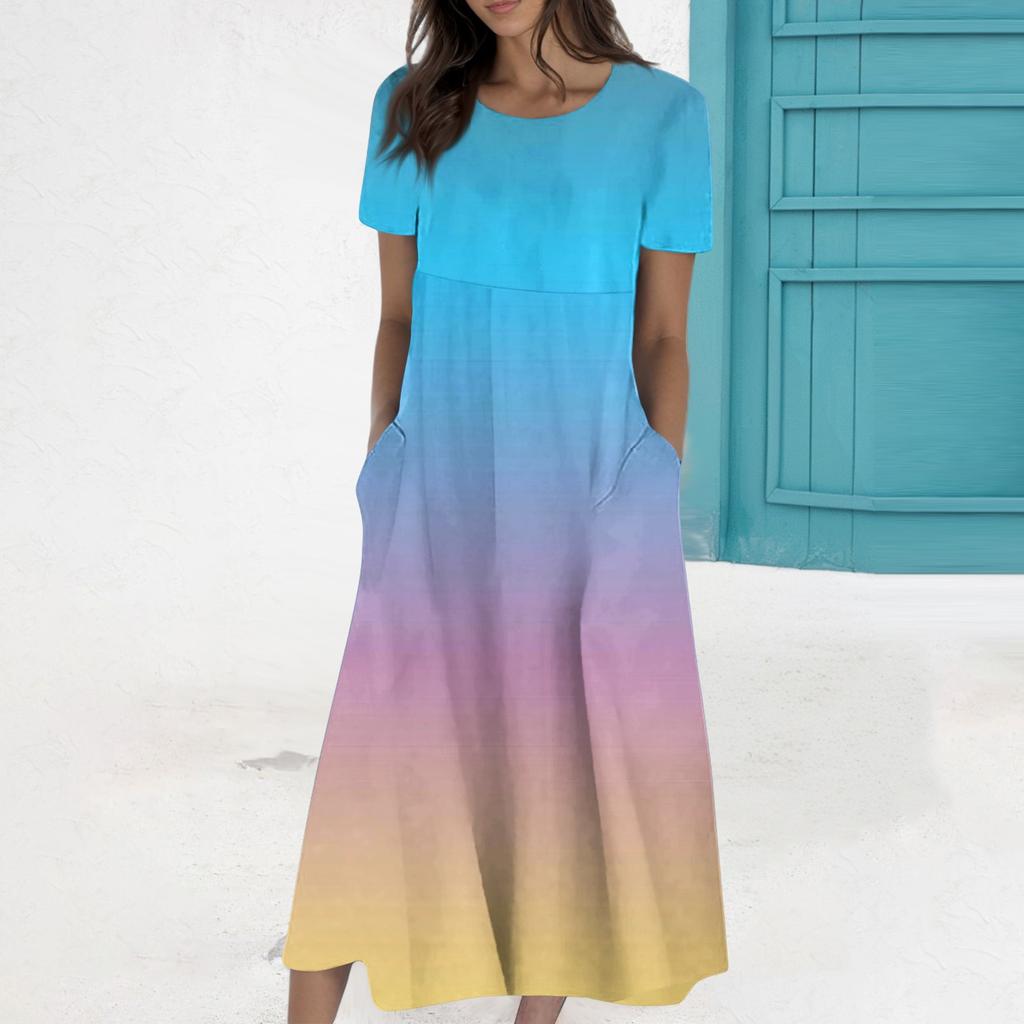 Rochie de buzunar cu mânecă scurtă, cu gât rotund, imprimată la modă ocazională de vară