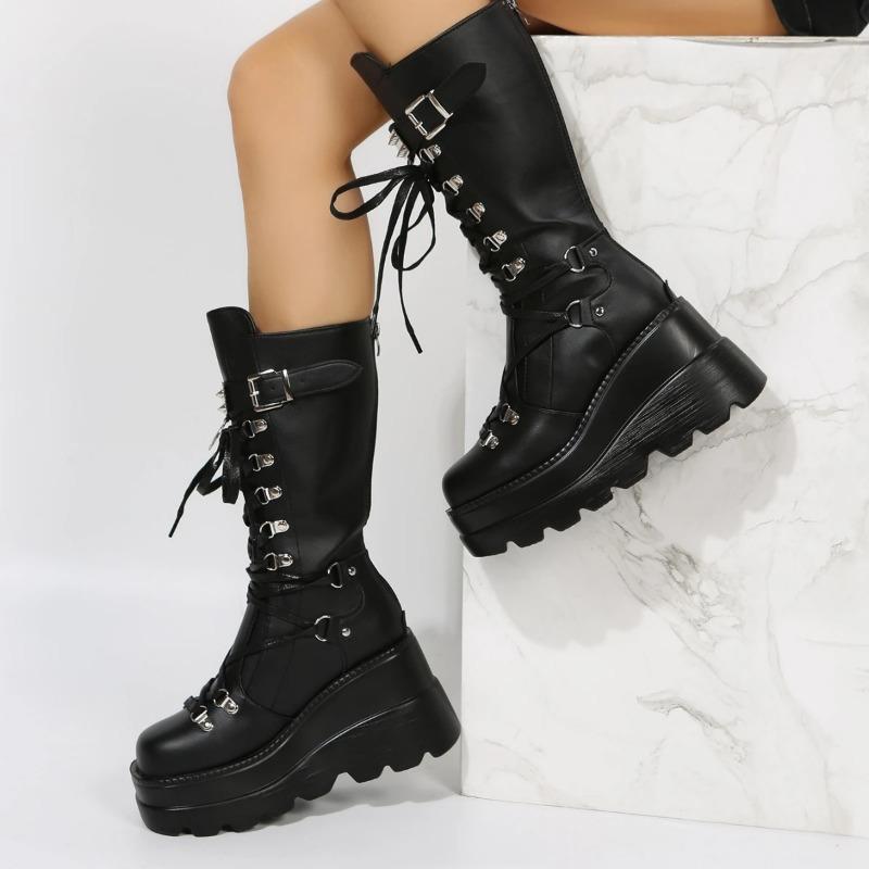 Plus Size Autumn Women Boots Buckle Round Toe Wedges Platform Boots Women Punk Goth Street Combat Shoes for Women Botas De Mujer