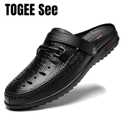 Men Slippers New Outdoor Half Shoes For Men Half Drag Casual Flats High Quality Beach Slippers Genuine Leather Non-slip Sandals