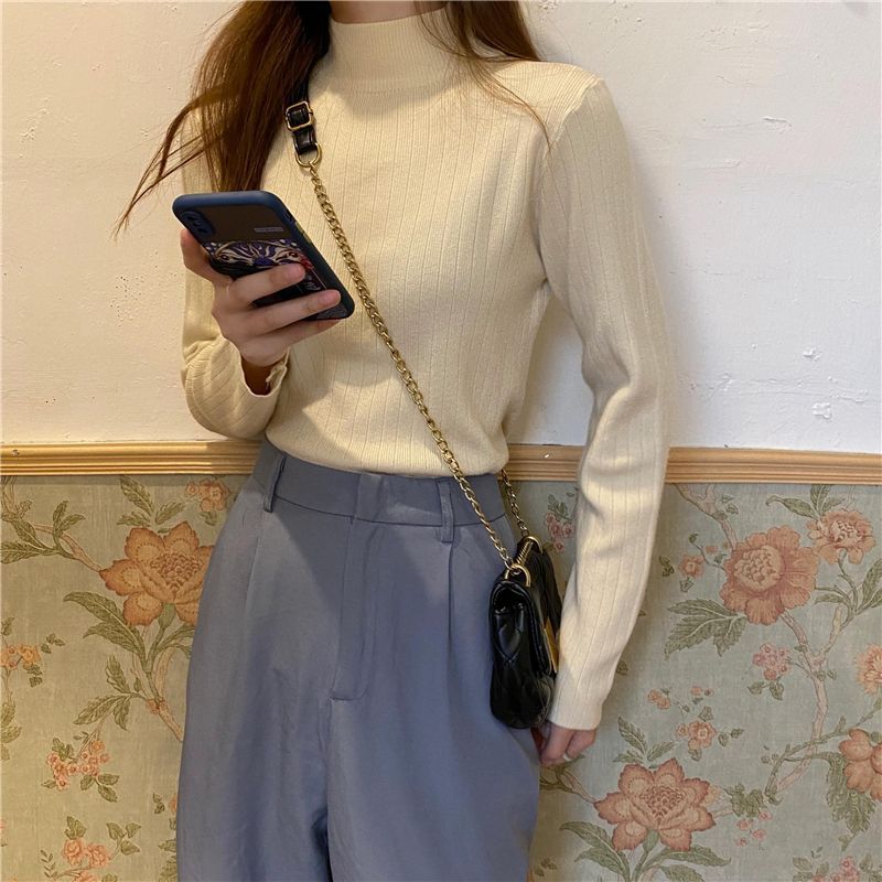 Elegant Turtleneck Knit Base Layer Autumn Winter Sweater Women's Simple Slim Fit Inner Mid-neck Top