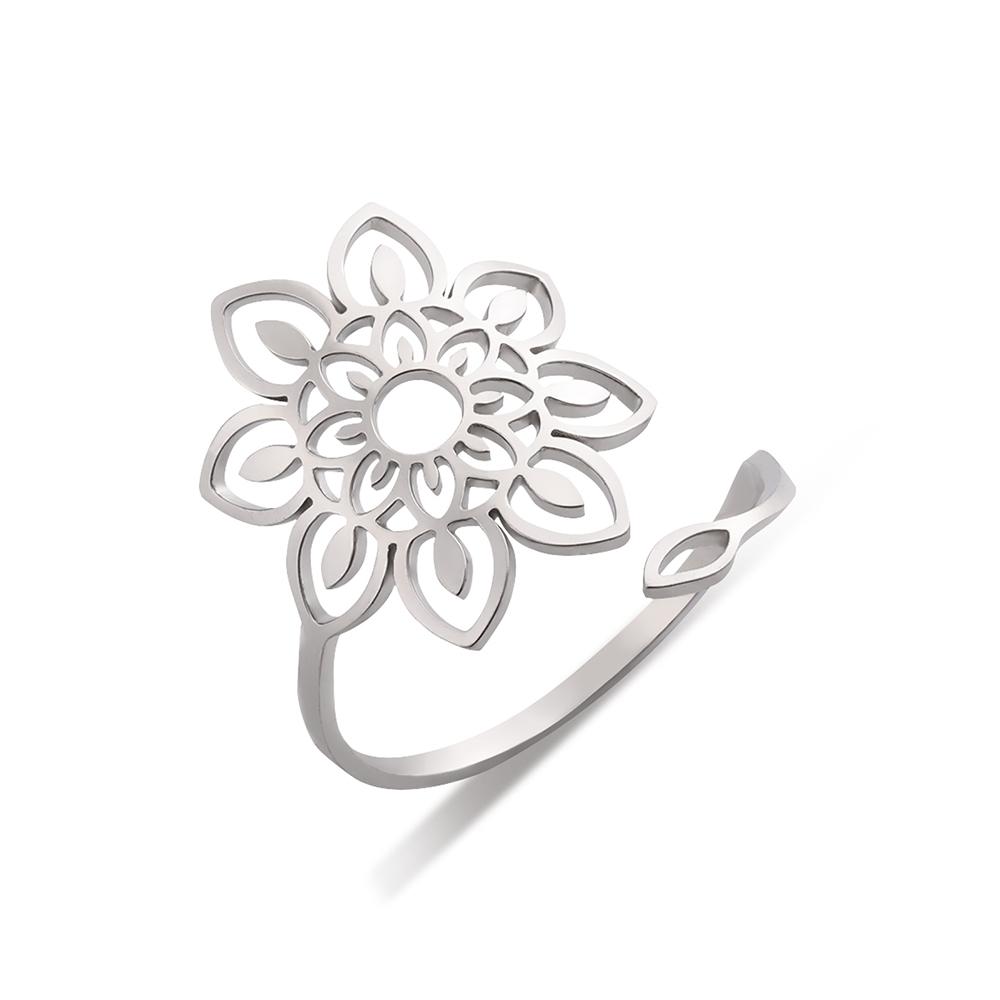 Dawapara Sacred Geometry Mandala Ring Lotus Flower Adjustable Women Ring Stainless Steel Buddhist Yoga Jewelry Spiritual Gift