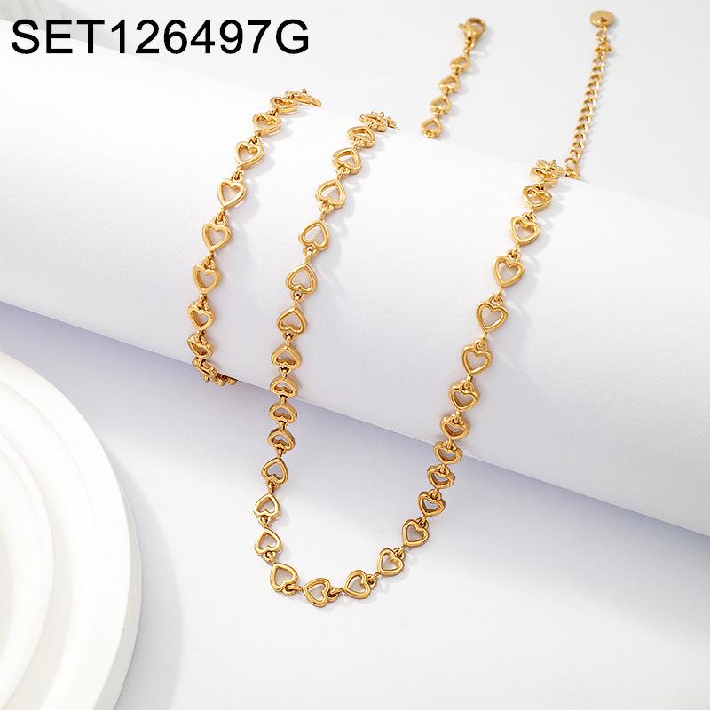Gold-Plated Heart Chain Set: Titanium Steel Colorfast Clavicle Necklace & Bracelet for Women - Versatile, Fashionable Jewelry