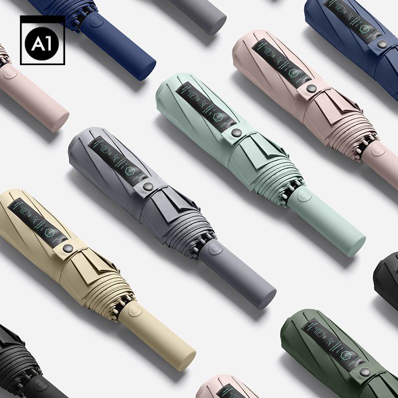 Ten bones new automatic umbrella three fold forward Morandi color scheme handle umbrella stack men and women umbrella