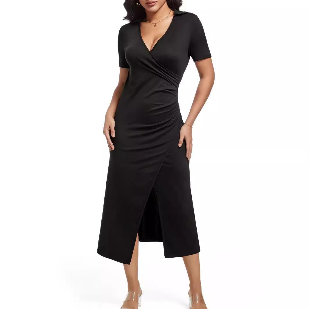European and American casual knitted women s clothing women s medium and long cross-necked hem split-pleated medium and long dress S чёрный